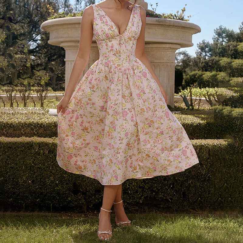 Women's A-Line Midi Dress with V-Neck and Spaghetti Straps – Floral Print Cotton Look