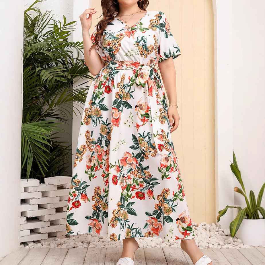 Women's A-line Midi Dress - V-neck, Short Sleeve, Floral Print with Belt White