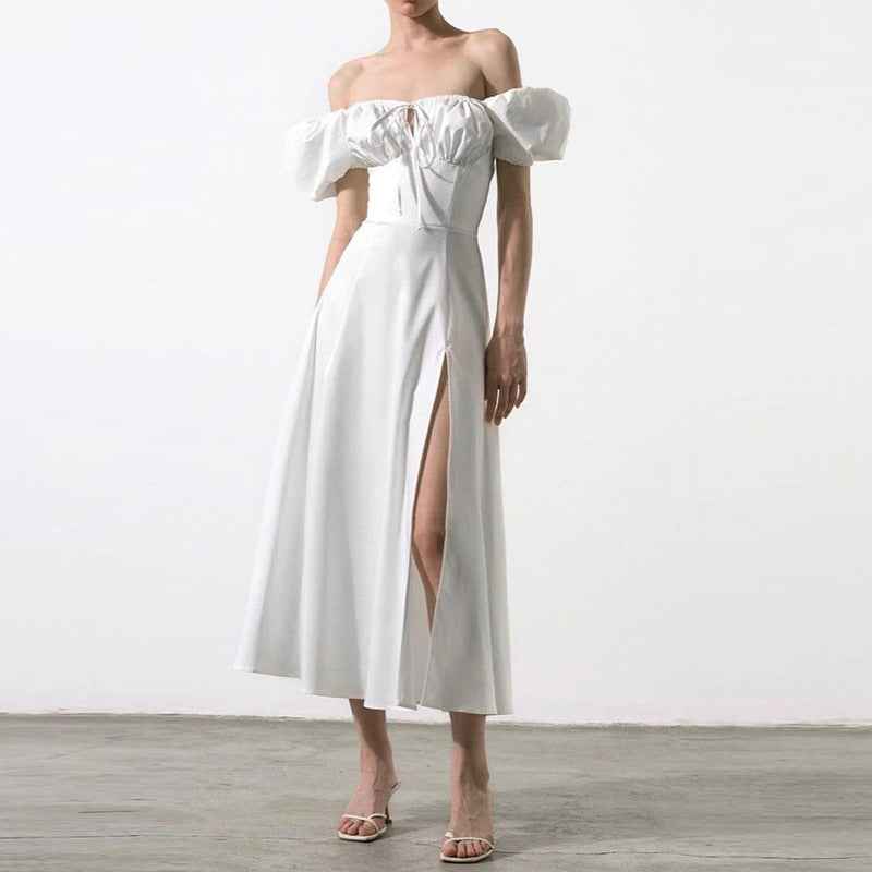 Women's A-Line Off-Shoulder Midi Dress with Puff Sleeves and Bow Detail White