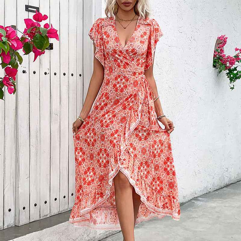 Women's Midi Wrap Dress – Cotton Blend – V-Neck – Ruffle Sleeves – Printed Design