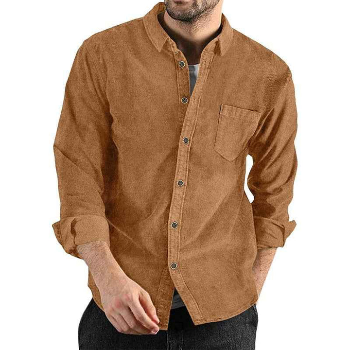 Men's Long Sleeve Corduroy Shirt - Button Closure & Chest Pocket Brown