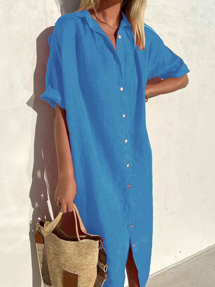 Women's Relaxed Fit Linen Cotton Shirt Dress - Short Sleeve with Button Closure Blue