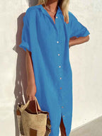 Women's Relaxed Fit Linen Cotton Shirt Dress - Short Sleeve with Button Closure Blue