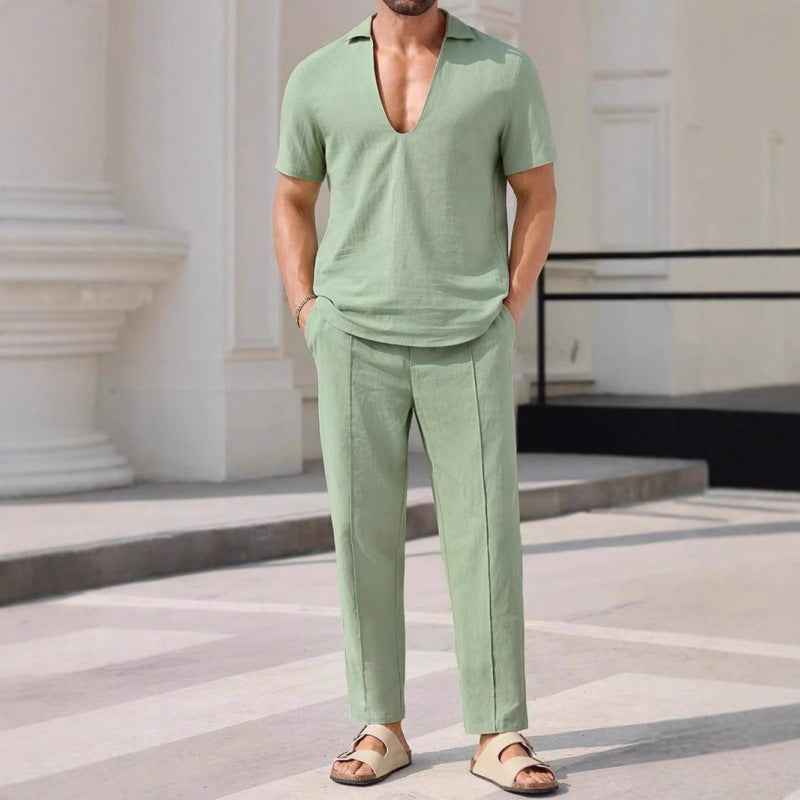 Men's Relaxed Fit Two-Piece Set – Breathable Fabric – Short Sleeve & Long Pants Green