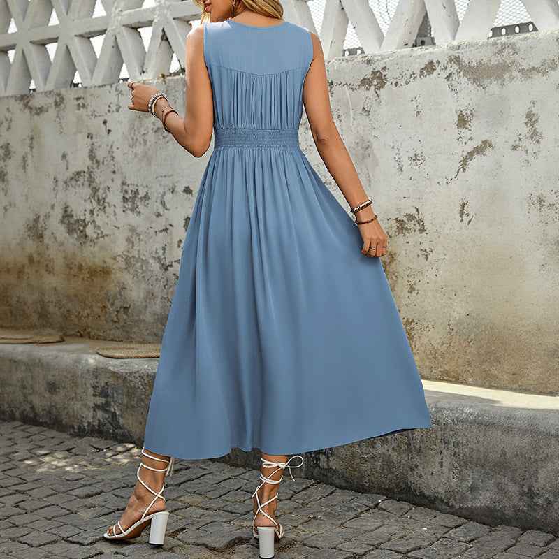 Women's Sleeveless Midi Dress with V-Neck, Button Closure, A-Line Design, and Elastic Waist