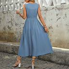 Women's Sleeveless Midi Dress with V-Neck, Button Closure, A-Line Design, and Elastic Waist