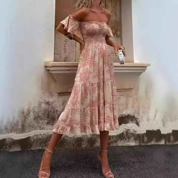 Women's Ruffled Off-Shoulder Midi Dress – Cotton Blend – Smocked Top – Layered Skirt