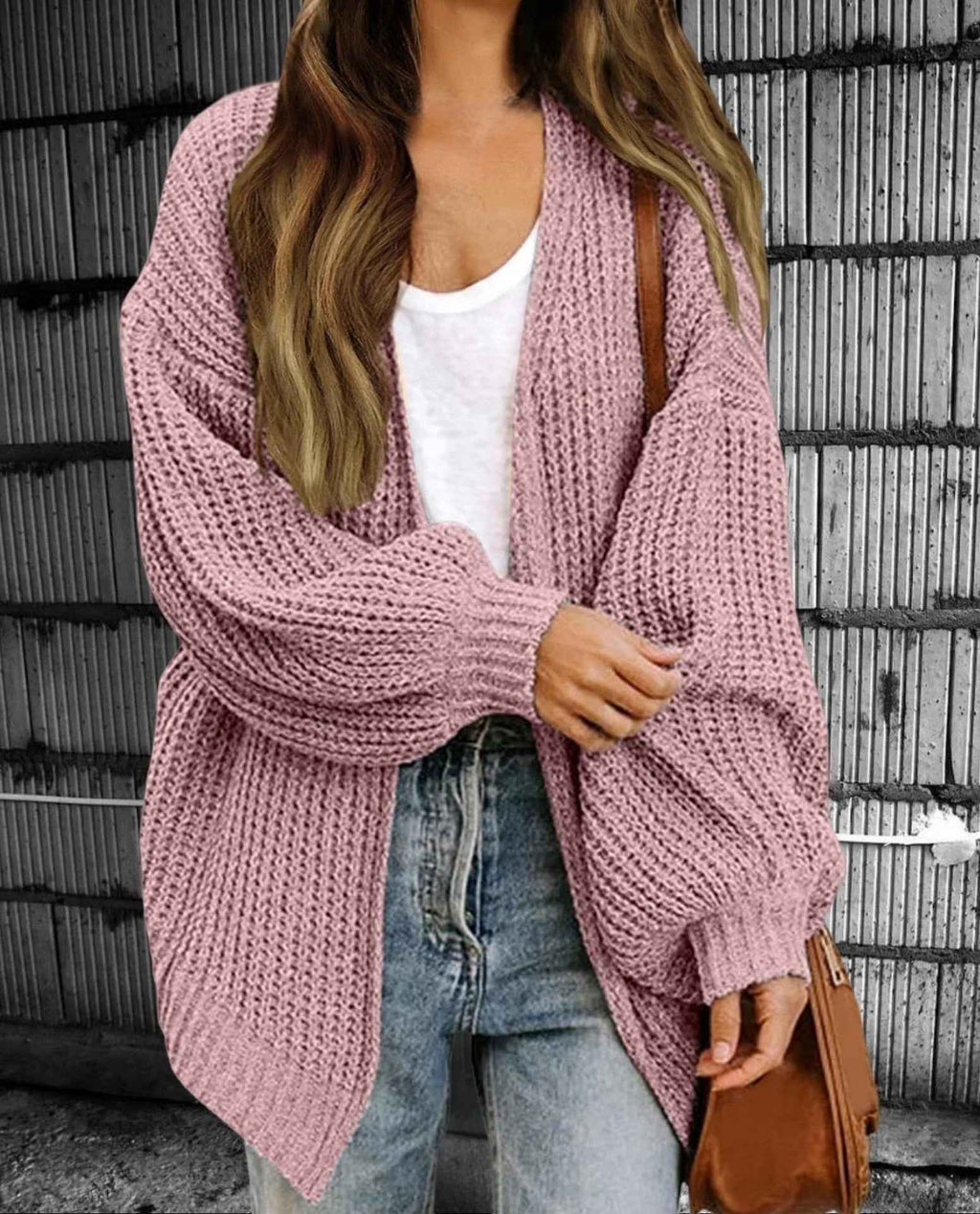 Women's Oversized Chunky Knit Cardigan – Open Front Long Layered Style Pink