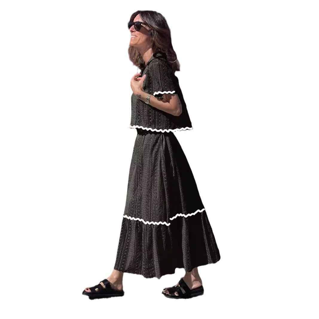 Women's A-Line Midi Skirt Set – Cotton Blend – Short Sleeve with Lace Trim