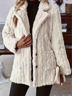 Women's Relaxed Fit Cardigan Coat – Plush Water-Wave Texture with Lapel Collar and Buttons Milky
