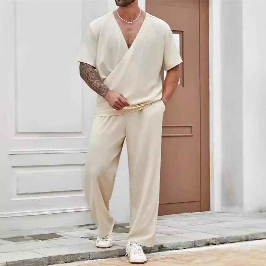 Men's Relaxed Fit V-Neck T-Shirt Set with Short Sleeves and Breathable Long Pants