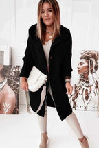 Women's Oversized Hooded Knitted Cardigan – Longline Button-Front Black