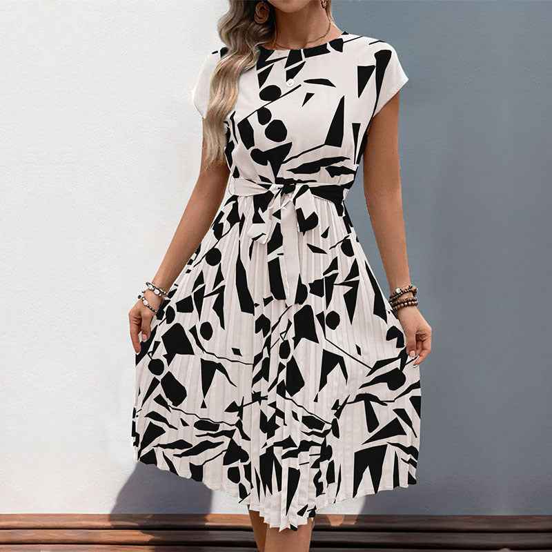 Women's Pleated Fit and Flare Midi Dress – Geometric Print – Short Sleeve with Belt White