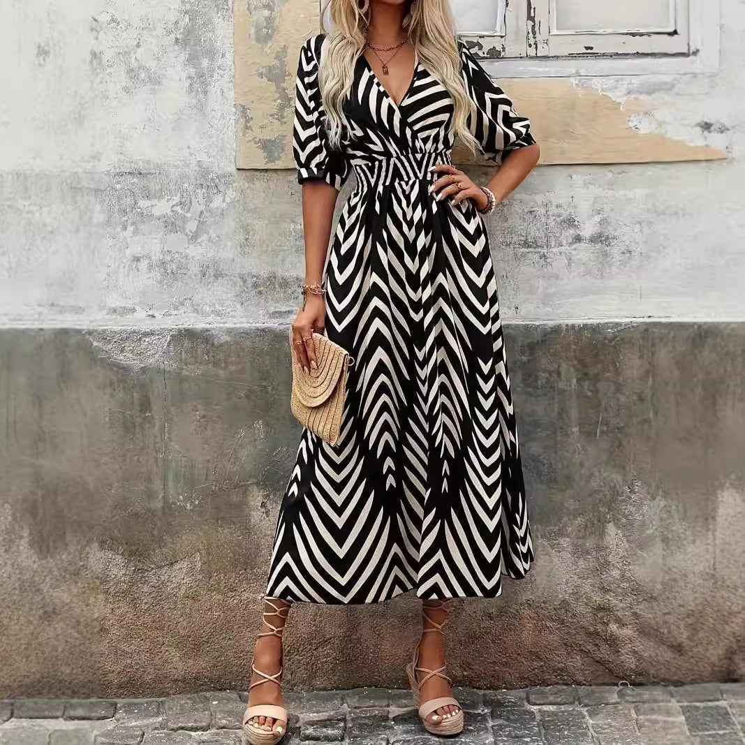 Women's A-line Midi Dress – V-neck Wrap with Pleated Sleeves & Belt Black