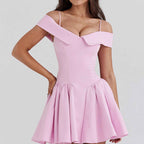Women's Off-Shoulder A-Line Mini Dress with Spaghetti Straps Pink