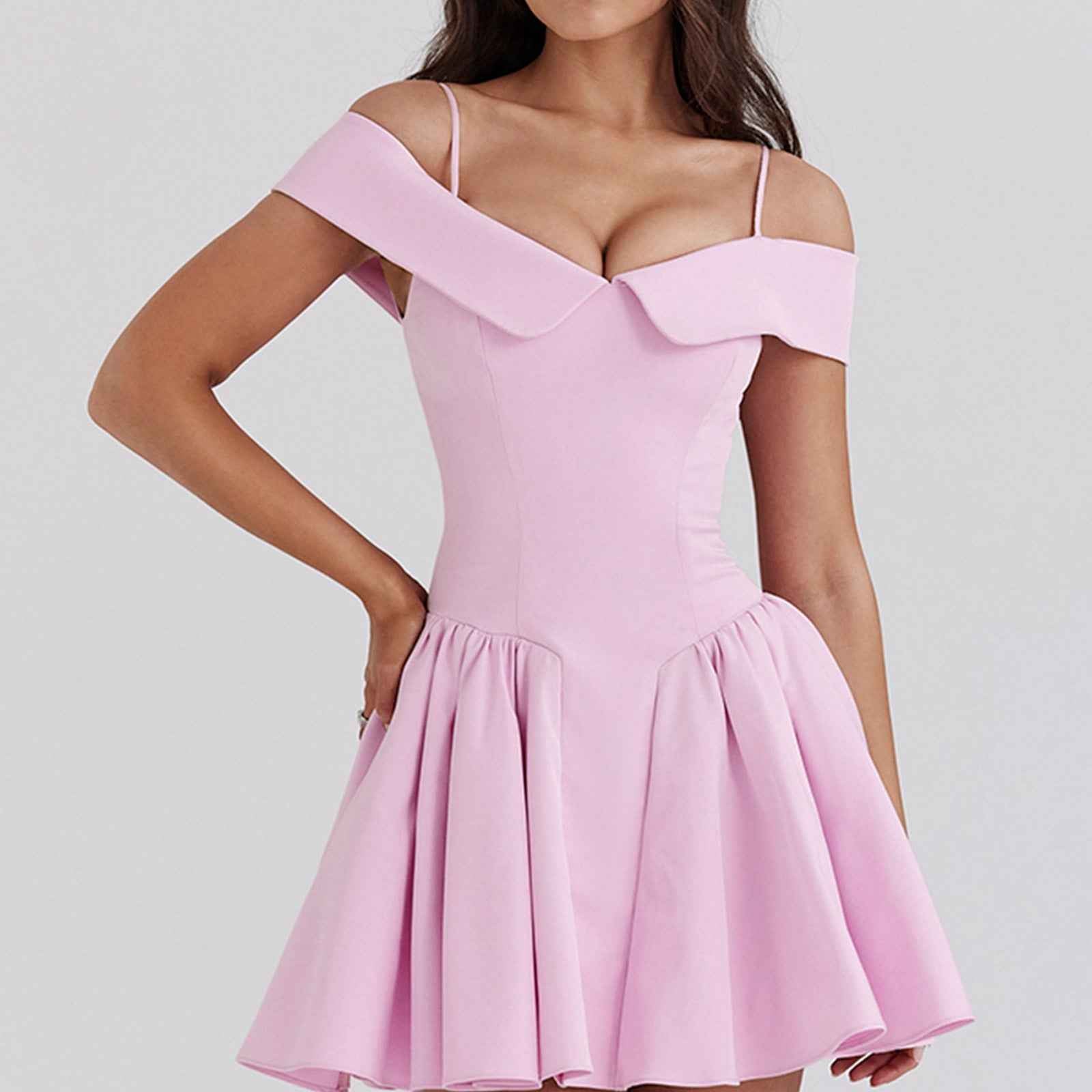Women's Off-Shoulder A-Line Mini Dress with Spaghetti Straps Pink