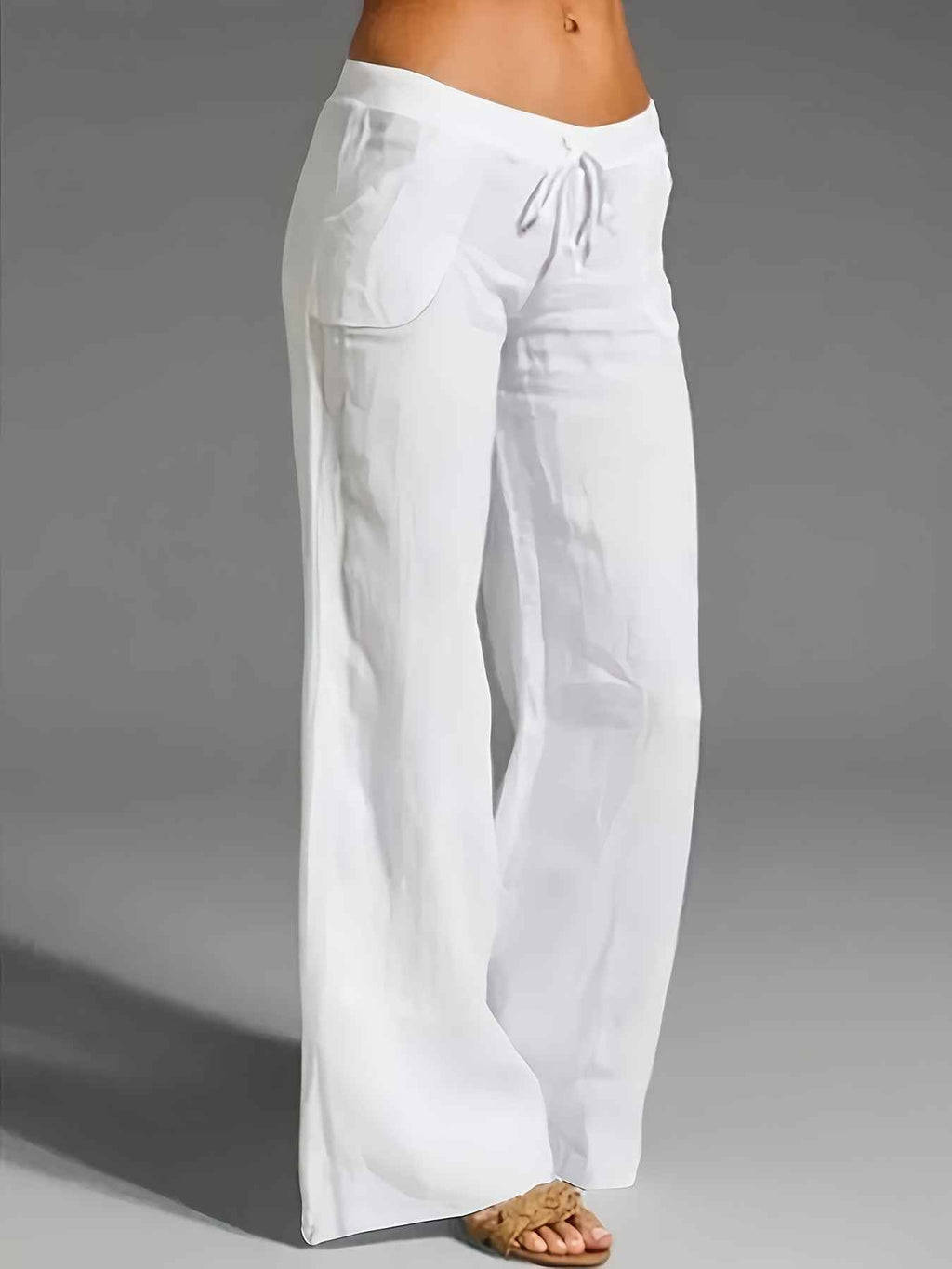 Women's Casual Wide Leg Cotton Pants with Elastic Drawstring Waist White