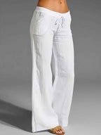 Women's Casual Wide Leg Cotton Pants with Elastic Drawstring Waist White