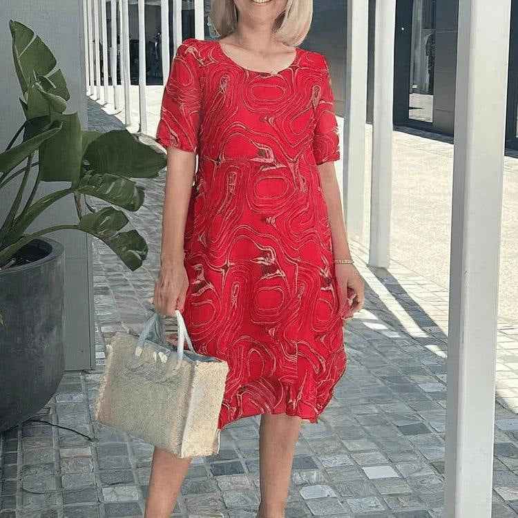 Women's Relaxed Fit Midi Dress - V-Neck, 3/4 Sleeve, Linen Cotton with Pockets Red