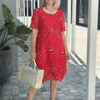 Women's Relaxed Fit Midi Dress - V-Neck, 3/4 Sleeve, Linen Cotton with Pockets Red