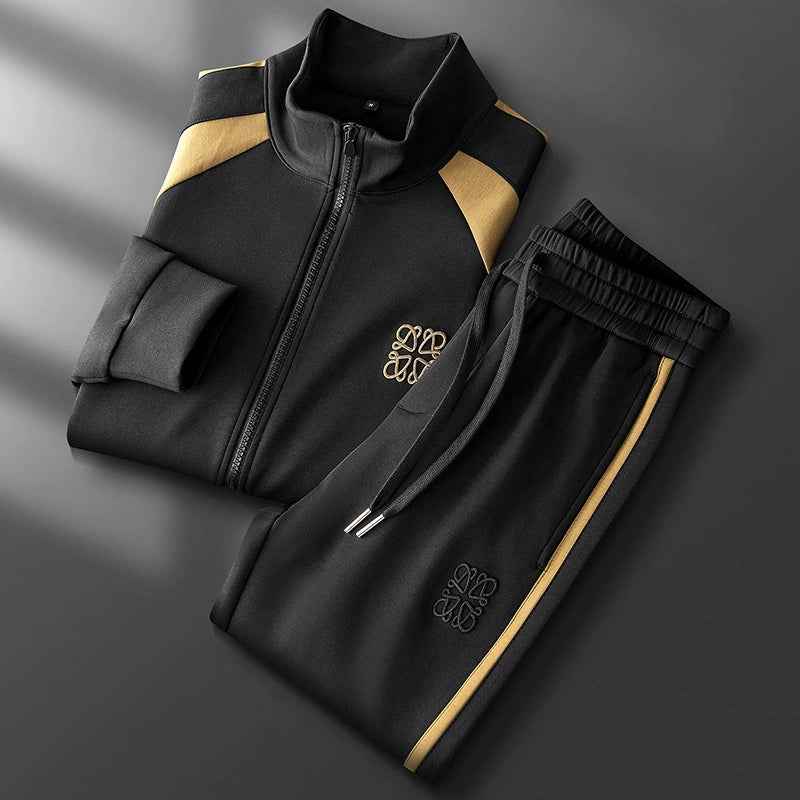 Men's Relaxed Fit Tracksuit – Zip-Up Jacket with Stand-Up Collar & Straight Jogging Pants Black
