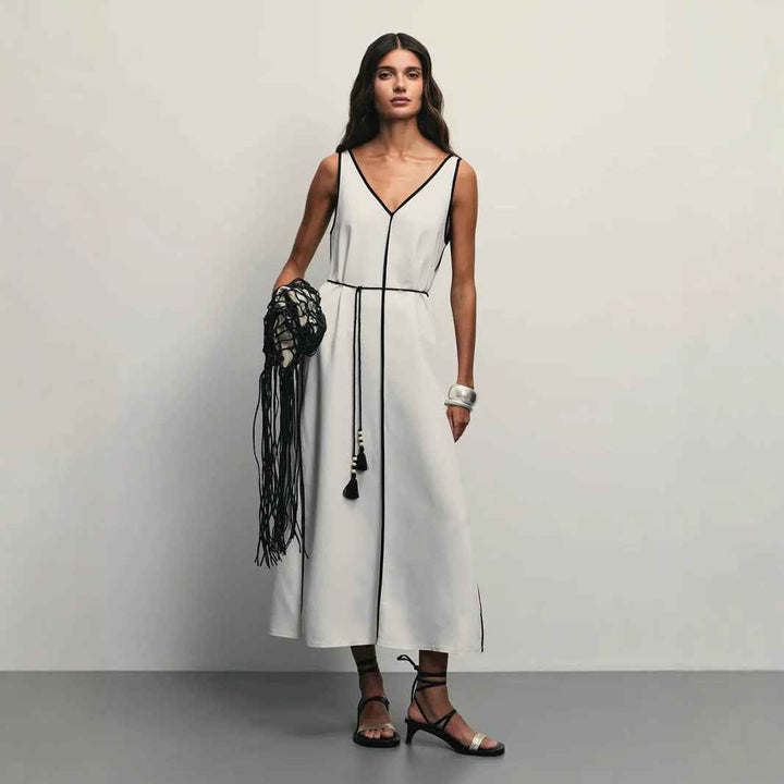 Women's Midi A-Line Dress – Sleeveless U-Neck – Breathable Fabric White