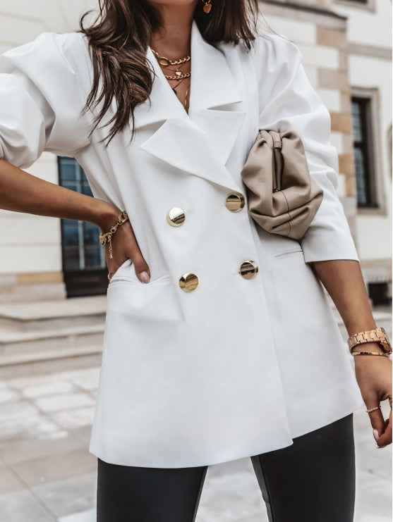 Women's Structured Blazer with Puff Sleeves and Elegant Buttons - Hip Length White