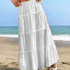 Women's A-Line Midi Skirt with Layered Eyelet Details and Elastic Waist – Breathable Design White