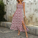 Women's Slim Fit Midi Dress – Cotton Blend with Print, Side Slit, and Tie Straps Red