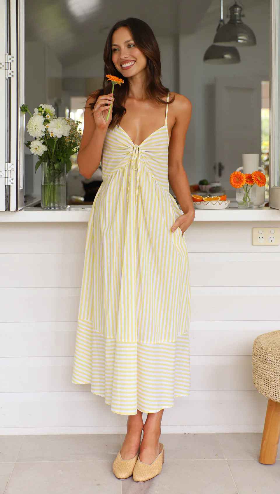Women's Striped Midi Dress – V-Neck, Spaghetti Straps, Button Detail – Lightweight Cotton Light Yellow