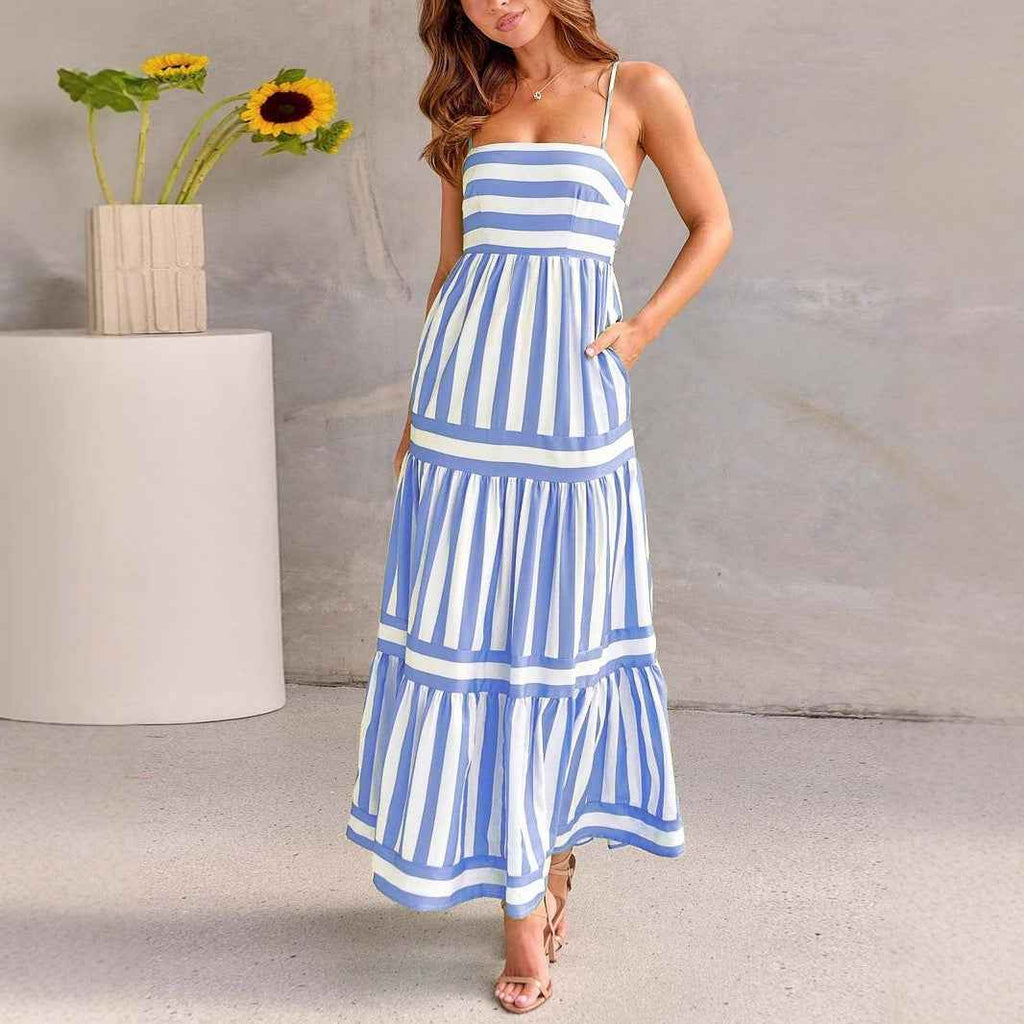 Women's A-Line Striped Cotton Summer Dress with Spaghetti Straps