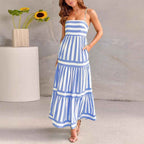 Women's A-Line Striped Cotton Summer Dress with Spaghetti Straps
