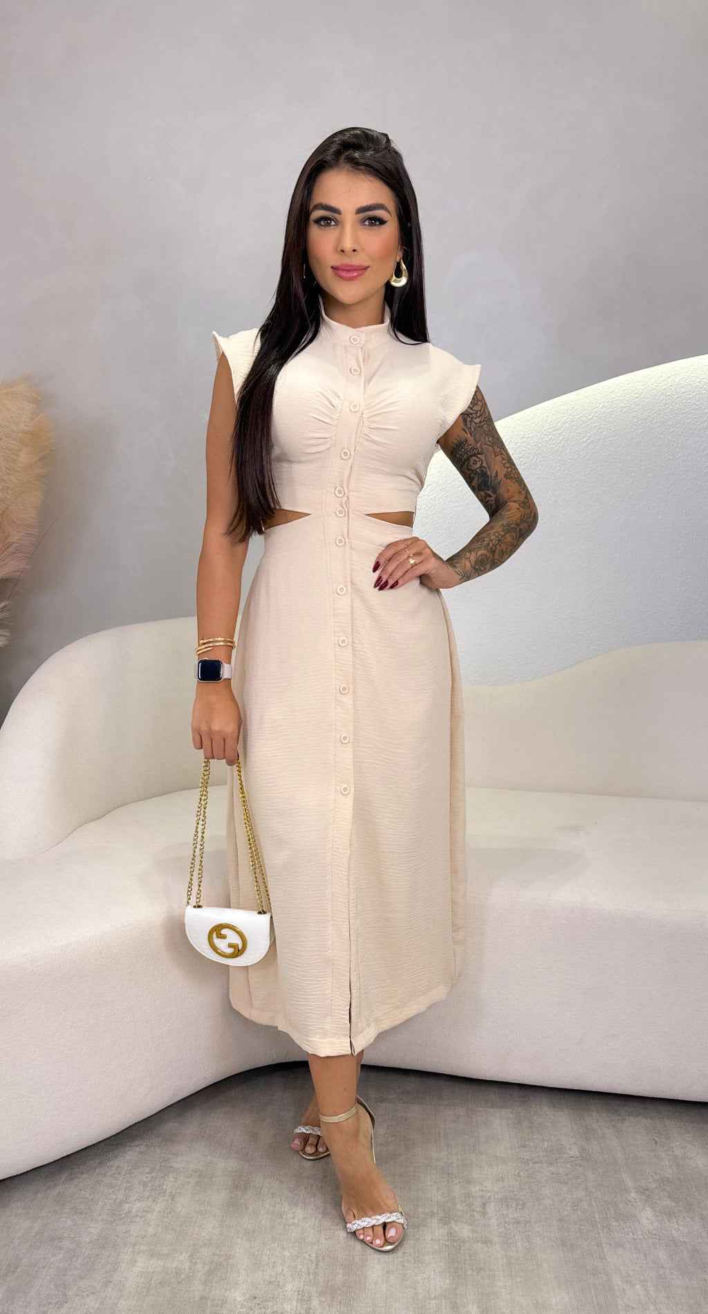 Women's Slim Fit Midi Dress – Sleeveless with Cut-Out Waist & Button Closure – Turtleneck Design Apricot