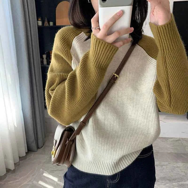 Women's Colorblock Knitted Sweater – Relaxed Fit with Raglan Sleeves Yellow Green One Size