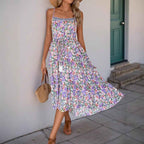 Women's Floral Print Fit and Flare Dress with Ruffled Hem and Adjustable Waist