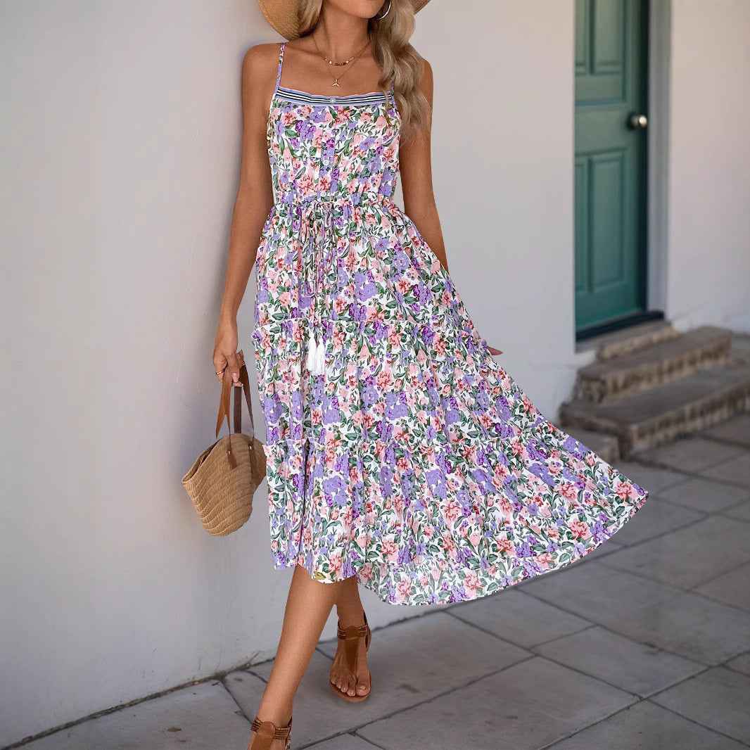 Women's Floral Print Fit and Flare Dress with Ruffled Hem and Adjustable Waist