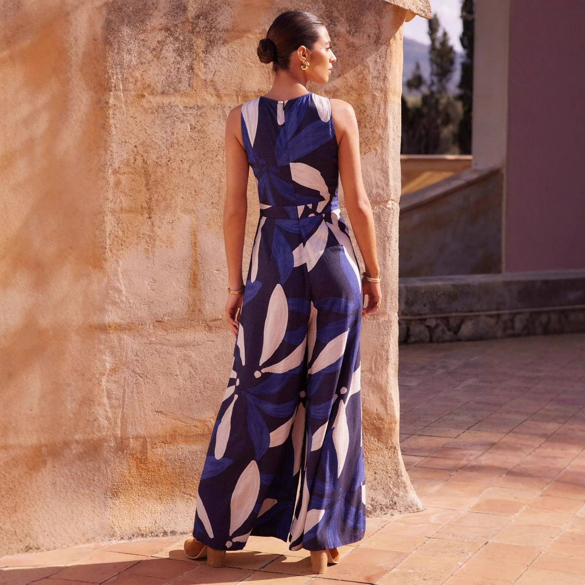 Women's Sleeveless Wide-Leg Jumpsuit - Breathable Fabric with Abstract Print & Waist Belt