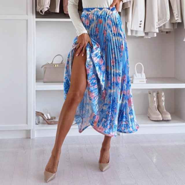 Women's A-Line Midi Skirt – High Waist – Pleated Design – Bold Pattern – Side Slit Blue