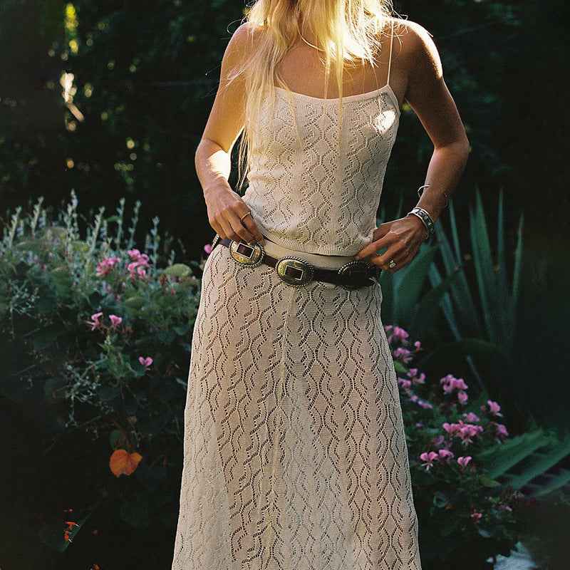 Women's Midi Dress – Slim Fit – Crochet Lace – Spaghetti Straps – Boho Chic