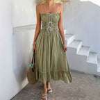 Women's A-Line Spaghetti Strap Dress - High Waist with Ruffles - Breathable Fabric Green
