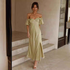 Women's Off-Shoulder Midi Dress – Slim Fit – Glossy Fabric – V-Back with Side Split