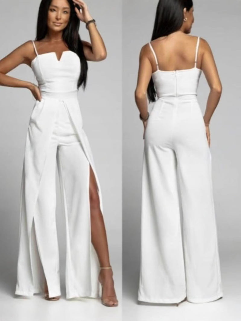 Women's Strapless Slim Fit Jumpsuit – Elegant Wide Leg Design with Front Slit White