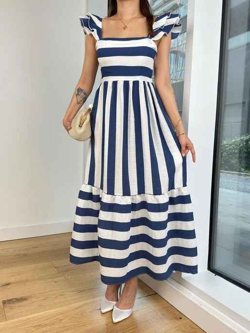 Women's Striped A-Line Midi Dress – Relaxed Fit – Cotton Blend – Ruffle Straps