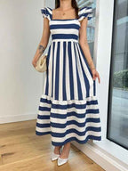 Women's Striped A-Line Midi Dress – Relaxed Fit – Cotton Blend – Ruffle Straps