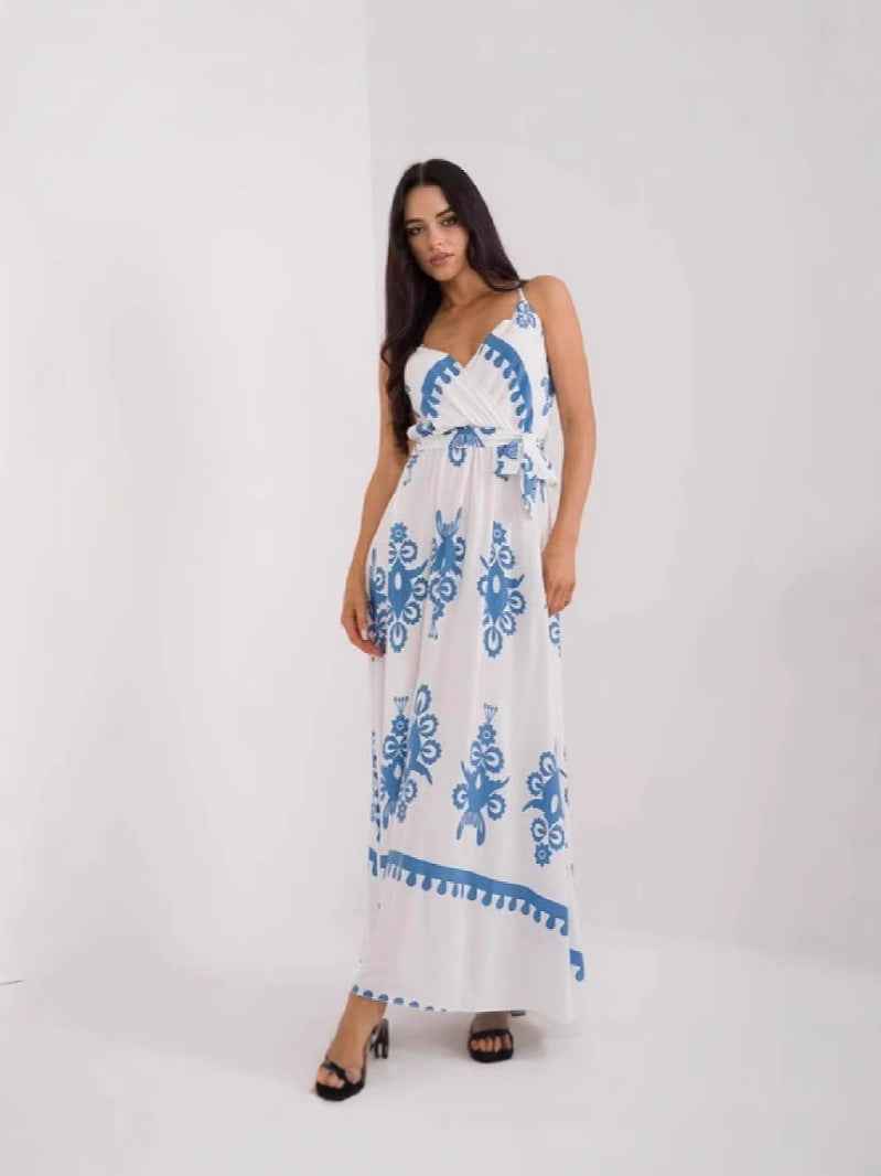 Women's Lightweight Cotton Maxi Dress – V-Neck, Sleeveless, Empire Waist, Printed