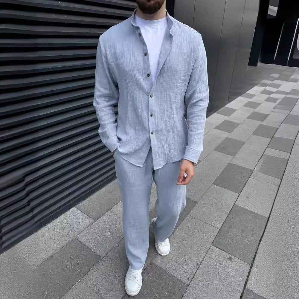 Men's Relaxed Fit Linen Set – Button-Up Shirt & Straight Trousers Blue