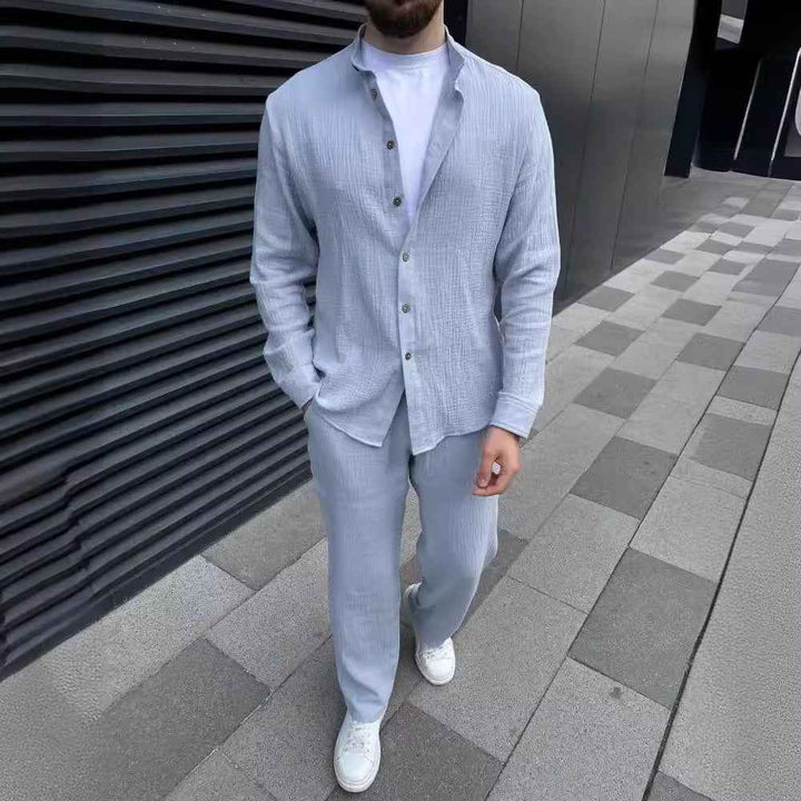 Men's Relaxed Fit Linen Set – Button-Up Shirt & Straight Trousers Blue