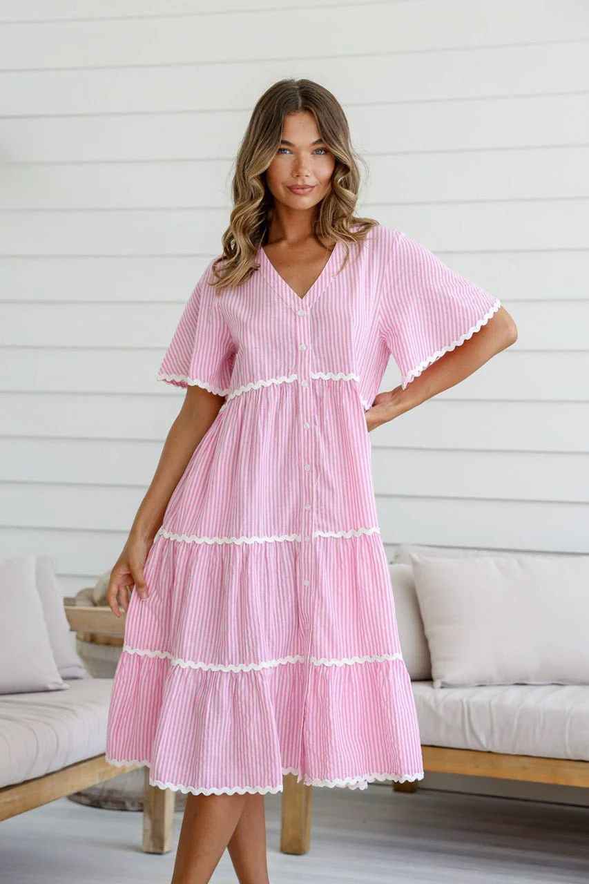 Women's V-Neck Loose Fit Cotton Dress with Button Closure and Lace Details
