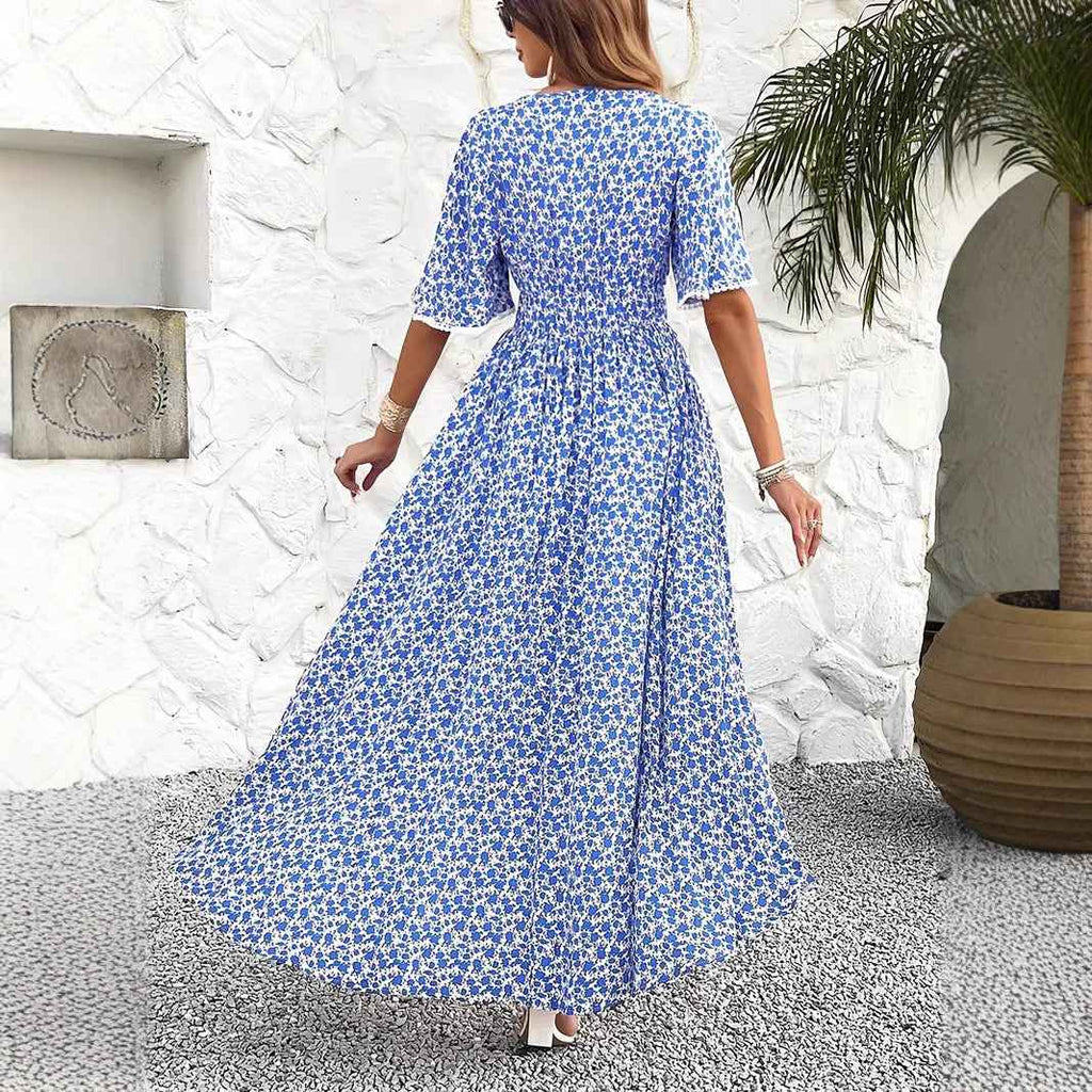 Women's Floral Print Midi Dress – V-Neck, Cotton, Adjustable Waist, Split Hem