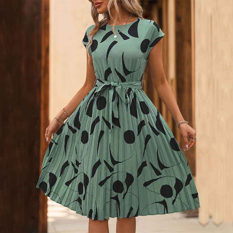 Women's Pleated Fit and Flare Midi Dress – Geometric Print – Short Sleeve with Belt Green